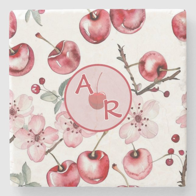 Personalisiertes Kirschblossom und Monogramm Steinuntersetzer (Vorderseite)