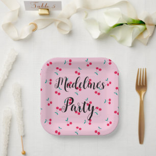Personalisiertes Kirschgeflecht Muster Rosa Party Pappteller
