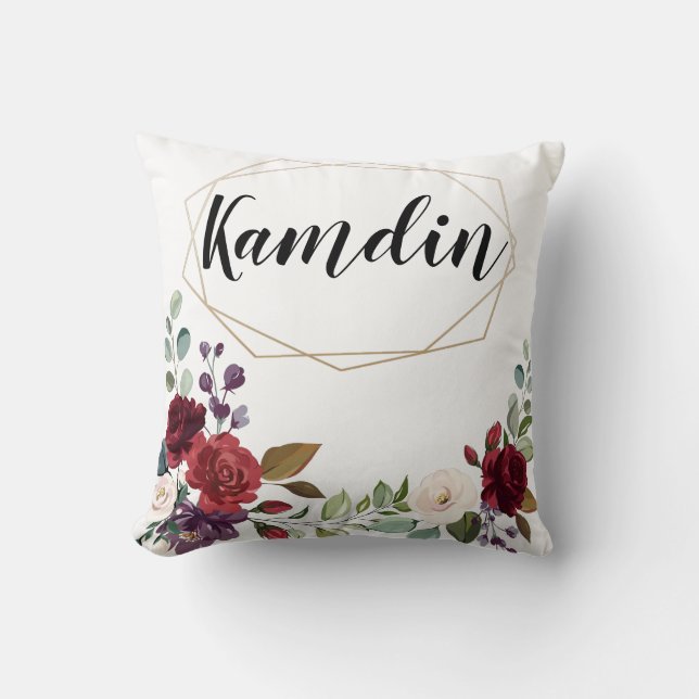 Personalisiertes Kissen Weiße Rosen, goldenes Flo (Vorderseite)