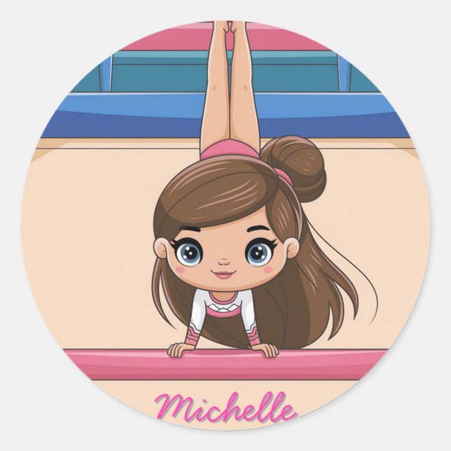 Personalisiertes Kleines GymnastGirl, I Liebe Gymn Runder Aufkleber (Vorderseite)
