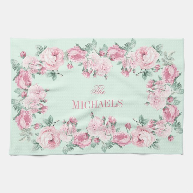 Personalisiertes Küchentuch rosa Minze florale (Horizontal)