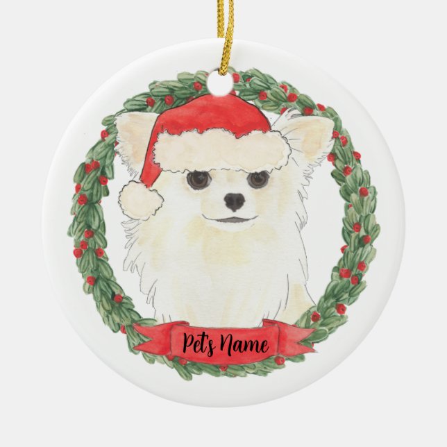 Personalisiertes Langhaariges Weißcreme Chihuahua Keramik Ornament (Vorne)