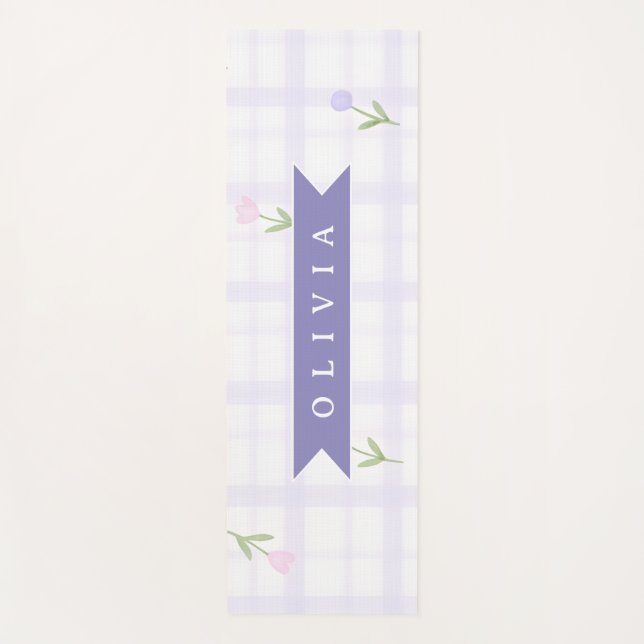 Personalisiertes Lavendel-Gingham-Blumen-Name-Gesc Yogamatte (Vorderseite)