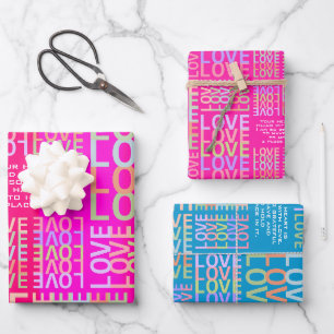 Personalisiertes, lebhaftes Hot Pink, blaues "LIEB Geschenkpapier Set