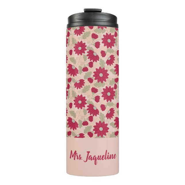 Personalisiertes Lehrergeschenk, rosa Gänseblümche Thermosbecher (Vorderseite)