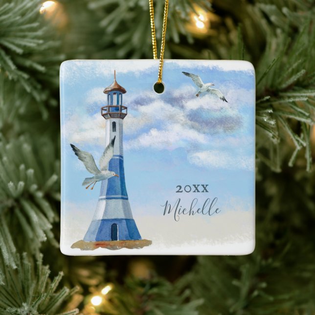 Personalisiertes Leuchtturm Nautical Beach Weihnac Keramikornament (Baum)