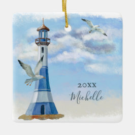 Personalisiertes Leuchtturm Nautical Beach Weihnac Keramikornament
