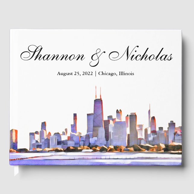 Personalisiertes Lila Chicago Skyline Gästebuch (Vorderseite)