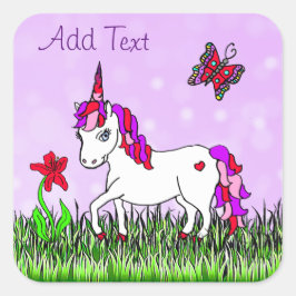 Personalisiertes Lila Einhorn, Blume und Schmetter Quadratischer Aufkleber