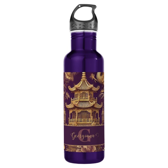 Personalisiertes Lila & Gold Viktorianisches Chino Edelstahlflasche (Vorderseite)