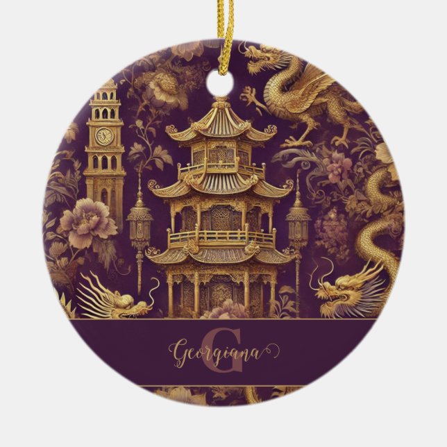Personalisiertes Lila & Gold Viktorianisches Chino Keramik Ornament (Vorne)