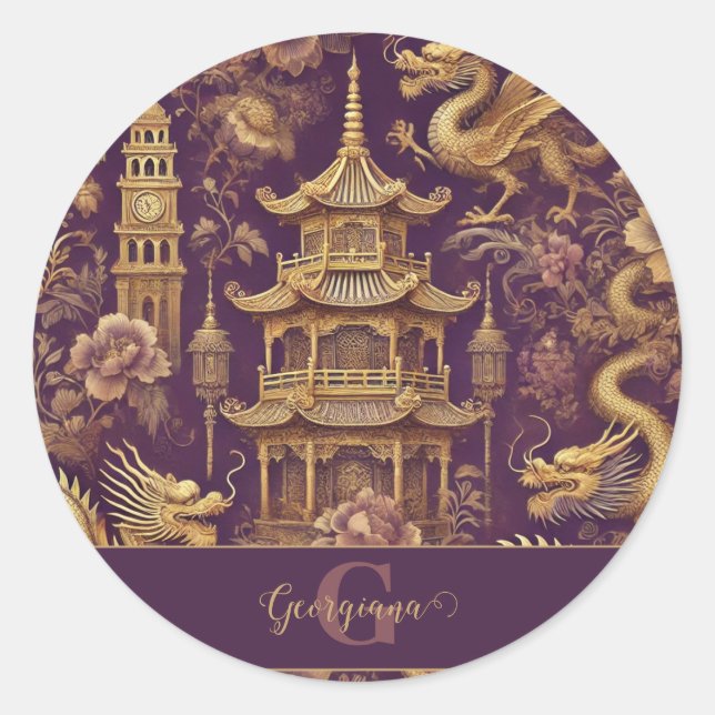 Personalisiertes Lila & Gold Viktorianisches Chino Runder Aufkleber (Vorderseite)