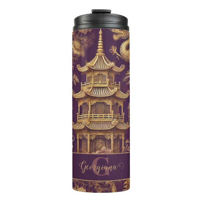 Personalisiertes Lila & Gold Viktorianisches Chino Thermosbecher (Vorderseite)