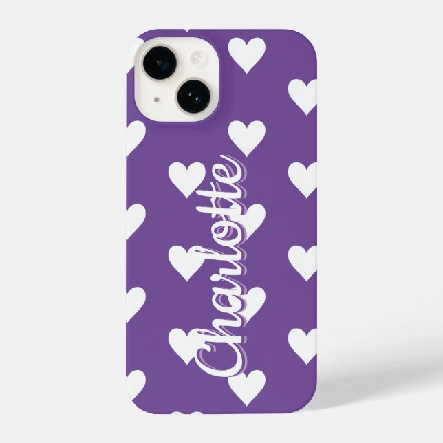 Personalisiertes Lila Herzmuster iPhone 14 Hülle (Rückseite)