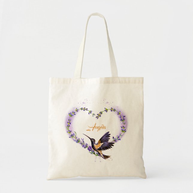 Personalisiertes Lila Hummingbird Herz Tragetasche (Vorne)
