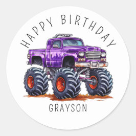 Personalisiertes Lila Monster Truck Geburtstagsges Runder Aufkleber