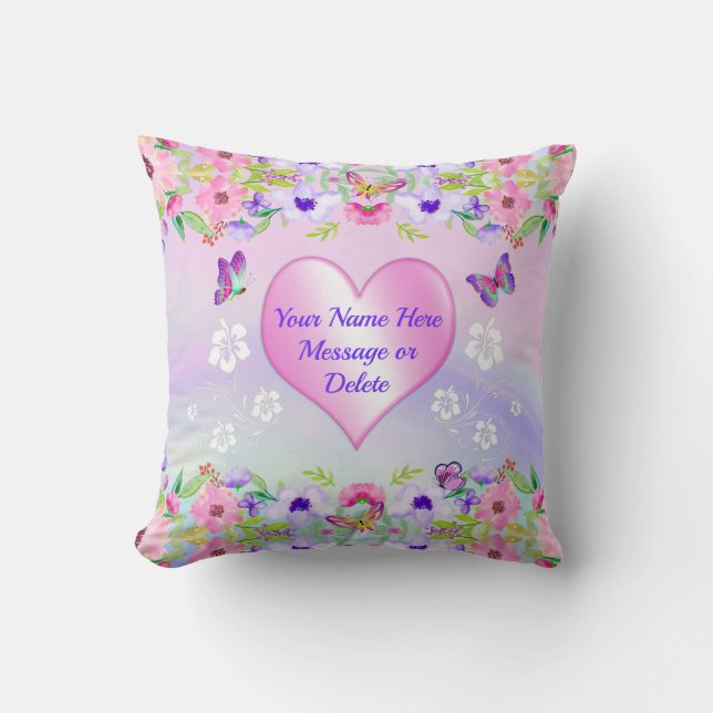 Personalisiertes Lila und rosa Schmetterlingskisse Kissen (Vorderseite)