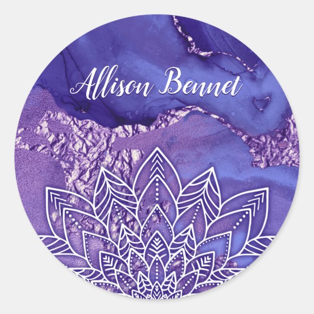 Personalisiertes Lila Weißes Wasser Mandala Runder Aufkleber (Vorderseite)