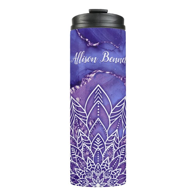 Personalisiertes Lila Weißes Wasser Mandala Thermosbecher (Vorderseite)