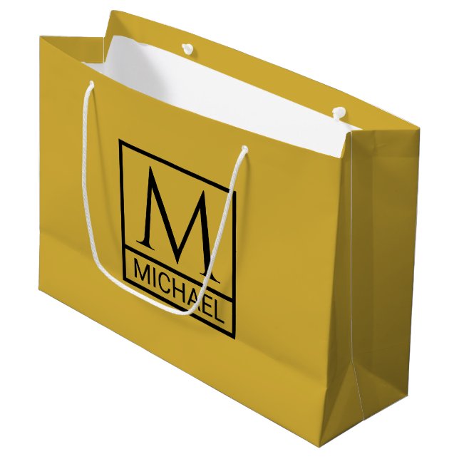 Personalisiertes M Gold Geschenktasche mit Anfangs Große Geschenktüte (Vorderseite Schrägansicht)