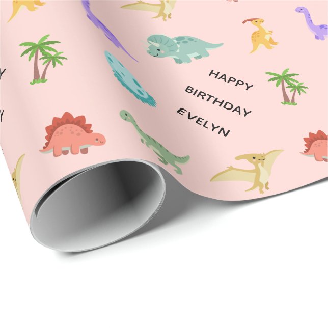 Personalisiertes Mädchen-Dinosaurier  Geschenkpapier (Rolleneckpunkt)
