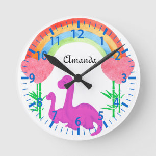 Personalisiertes Mädchen-Dinosaurier-Whimsy-Schlaf Runde Wanduhr