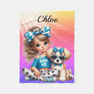 Personalisiertes Mädchen mit Welpe Fleecedecke