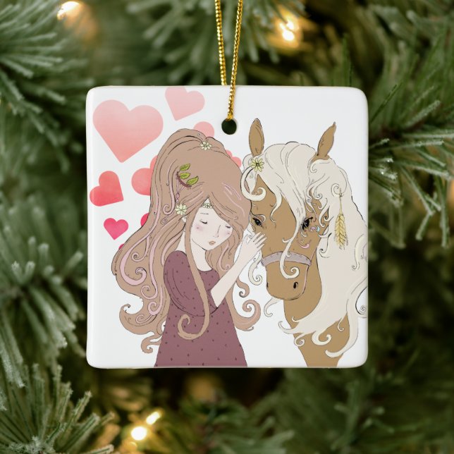 Personalisiertes Mädchen, Pferde und Herzen Weihna Keramikornament (Baum)
