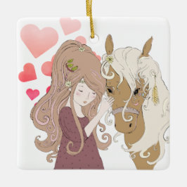 Personalisiertes Mädchen, Pferde und Herzen Weihna Keramikornament