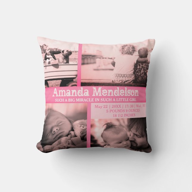 Personalisiertes Mädchen rosa Geburtsstunde Cushi Kissen (Vorderseite)