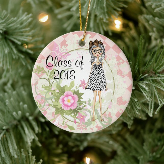 Personalisiertes Mädchen und Blume Abschluss Weihn Keramik Ornament (Baum)