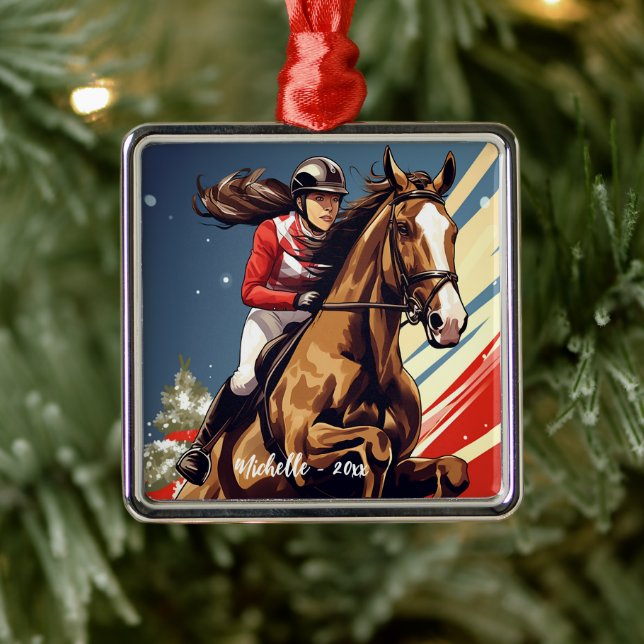 Personalisiertes Mädchen und Pferde Jumping Weihna Ornament Aus Metall (Baum)