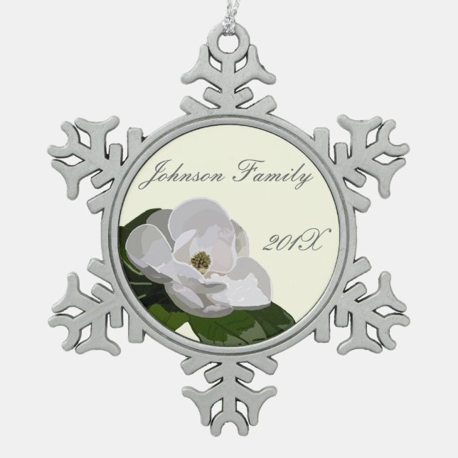 Personalisiertes Magnolien-Blumen-Weihnachten Schneeflocken Zinn-Ornament (Vorderseite)