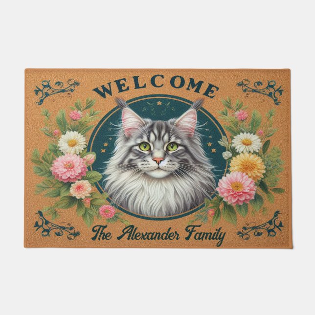Personalisiertes Maine Coon Cat Stilvolle Blumenwi Fußmatte (Vorderseite)
