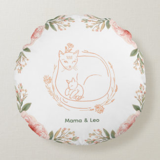 Personalisiertes Mama-Katze- und Kätzchen-Blumenki Rundes Kissen