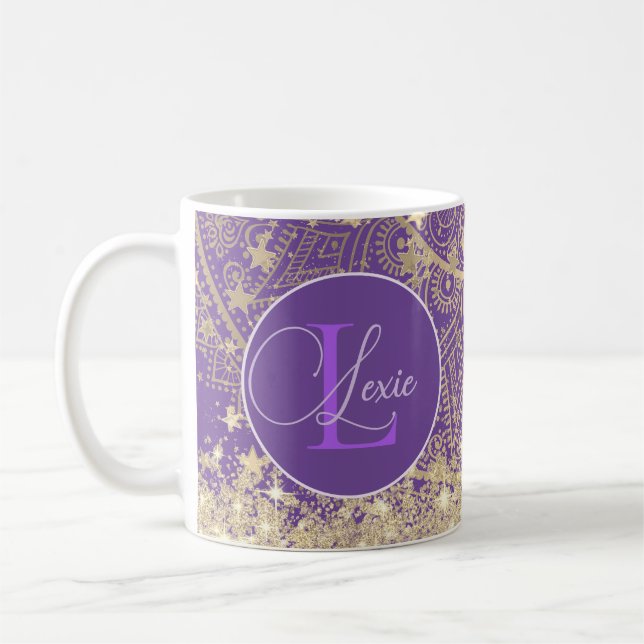 Personalisiertes Mandala mit Goldstars Monogram Kaffeetasse (Links)