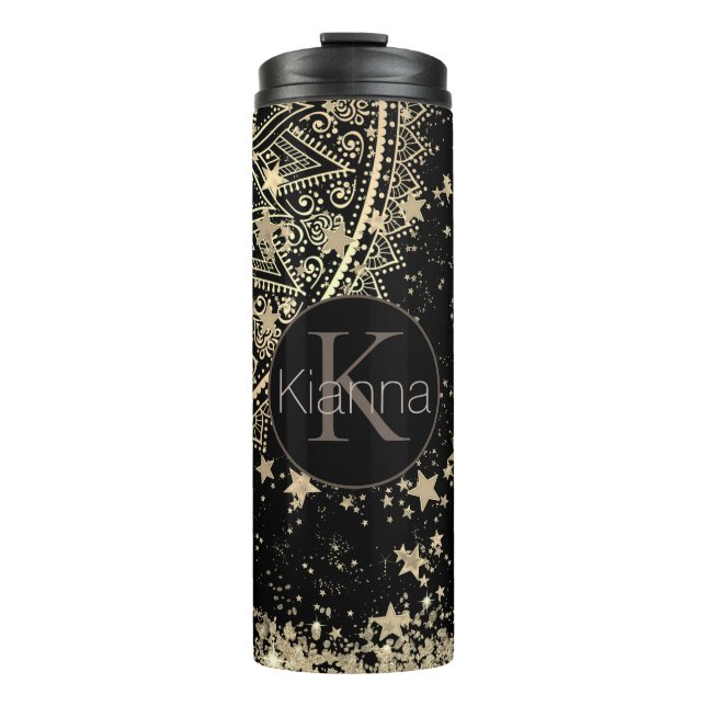Personalisiertes Mandala mit Goldstars Monogram Thermosbecher (Vorderseite)