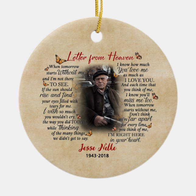 Personalisiertes Memorial Foto Ornament Brief von (Vorne)