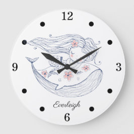 Personalisiertes Mermaid-Whale-Girl-Kinderzimmer  Große Wanduhr