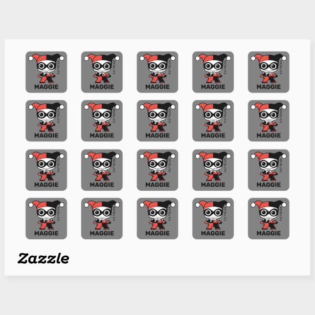 Personalisiertes Mini Harley Quinn Kids-Label Quadratischer Aufkleber (Blatt)