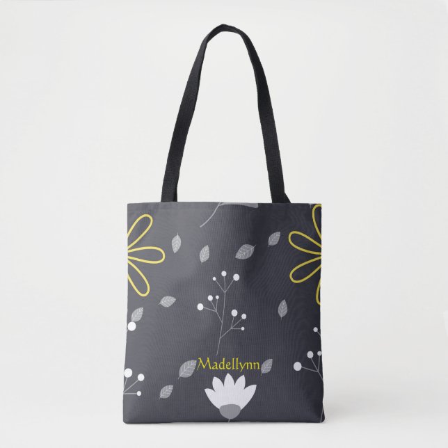 Personalisiertes, modernes Blumenschwarz und Gelb Tasche (Vorderseite)