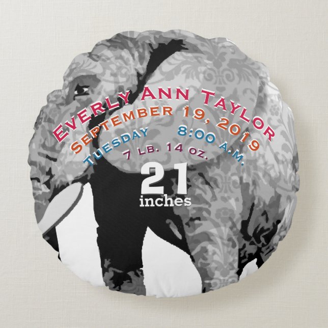Personalisiertes modernes Elefantenmuster Rundes Kissen (Vorderseite)