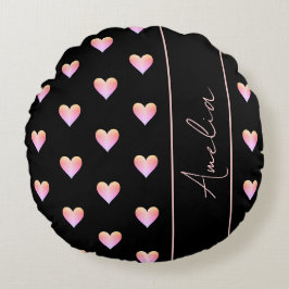 Personalisiertes modernes Herz Schwarz Rosa Rundes Kissen