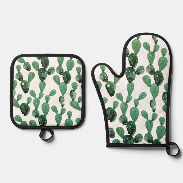 Personalisiertes modernes Kaktus-Muster Ofenhandschuh & Topflappen-Set (Vorderseite)