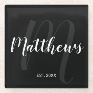 Personalisiertes, modernes Skript Monogramm und Fa Glasuntersetzer