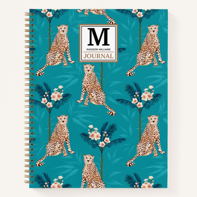 Personalisiertes Mongram Leopard Palm Pattern Jour Notizbuch (Vorderseite)