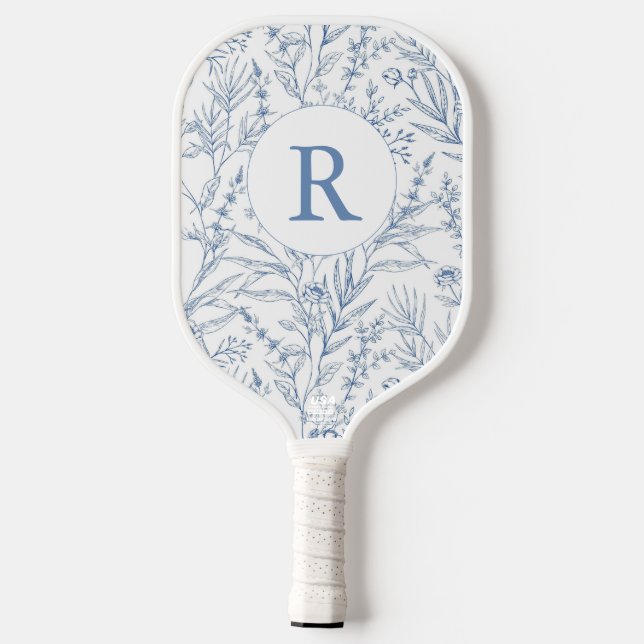 Personalisiertes Monogram Blue Floral French Toile Pickleball Schläger (Rückseite)