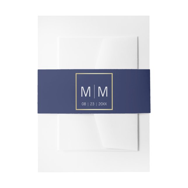 Personalisiertes Monogram Gold Frame Navy Blue Wed Einladungsbanderole (Vorderseite Beispiel)