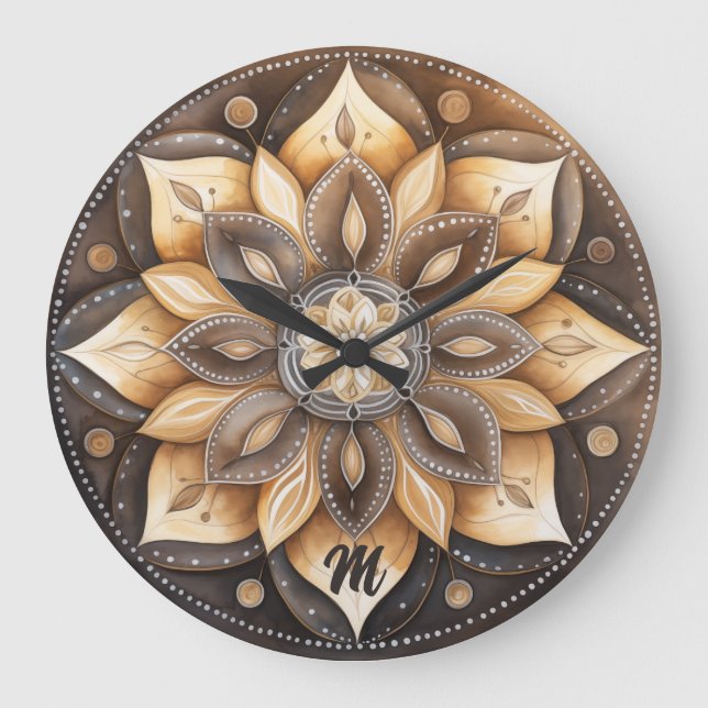 Personalisiertes Monogram Watercolor Brown Mandala Große Wanduhr (Vorderseite)