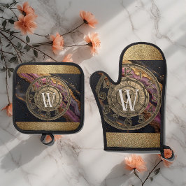 Personalisiertes Monogramm Achat Rosa Rustikales M Ofenhandschuh & Topflappen-Set